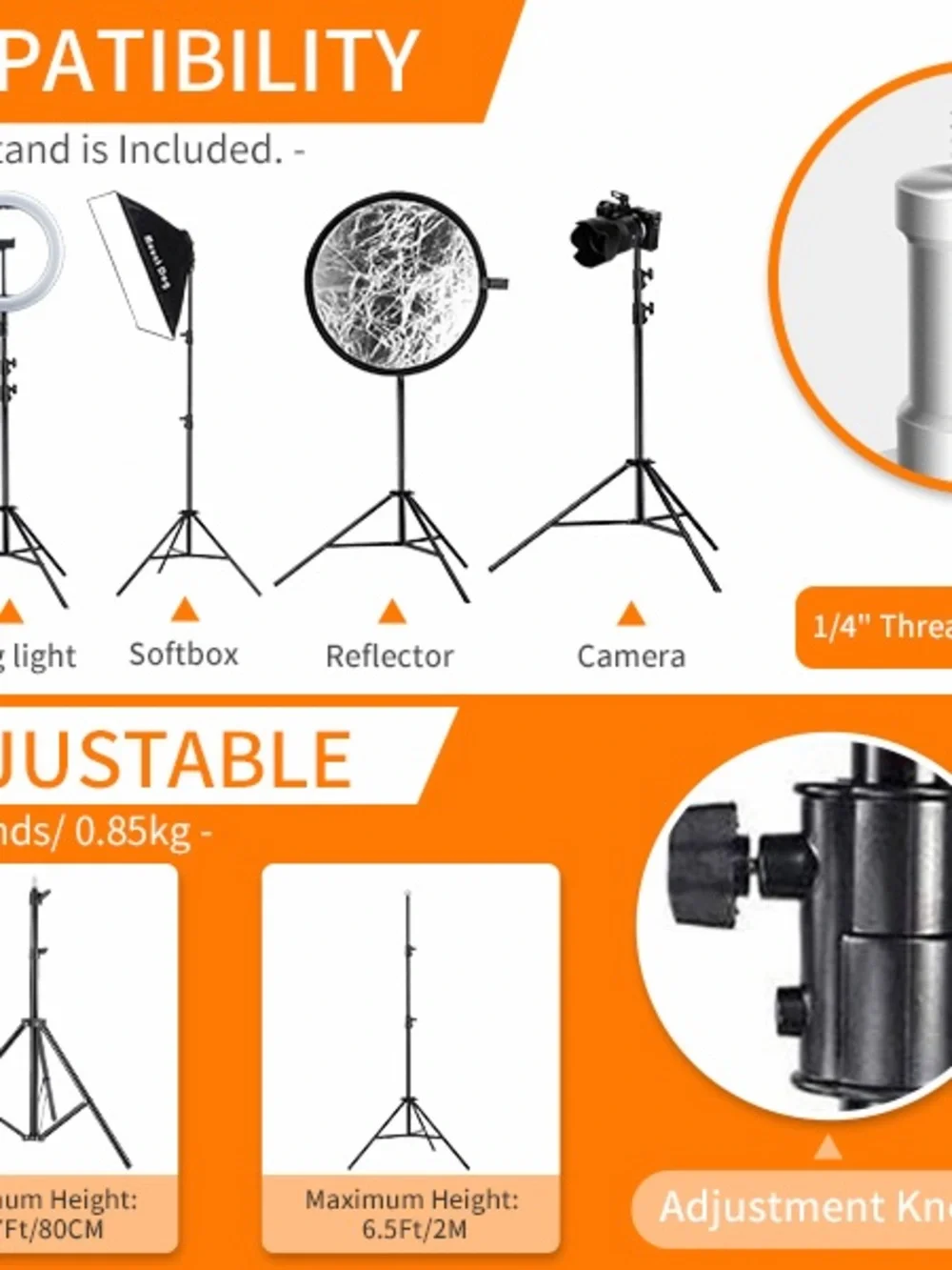 2 Pack Photography Tripod Light Stand 6.5 Ft Compact For Photo & Video Lights